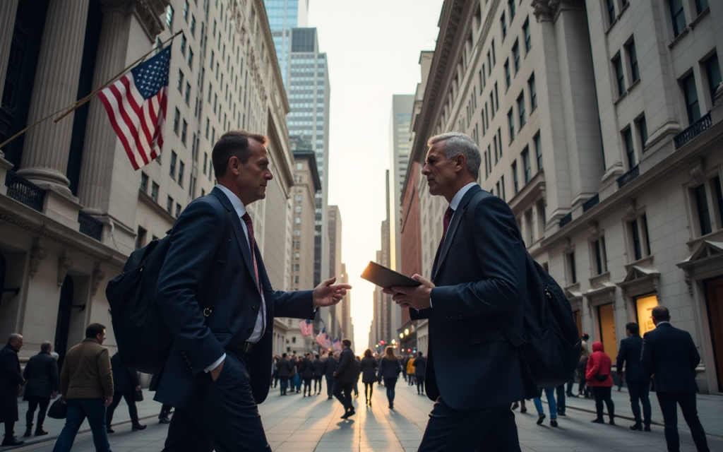 Two Wall Street professionals discuss market developments outside the New York Stock Exchange.